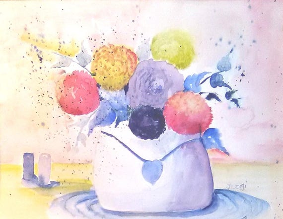 floral painting white vase, watercolor original painting,, artwork print, reddish flowers, Wall Decor, gift for Mom #232