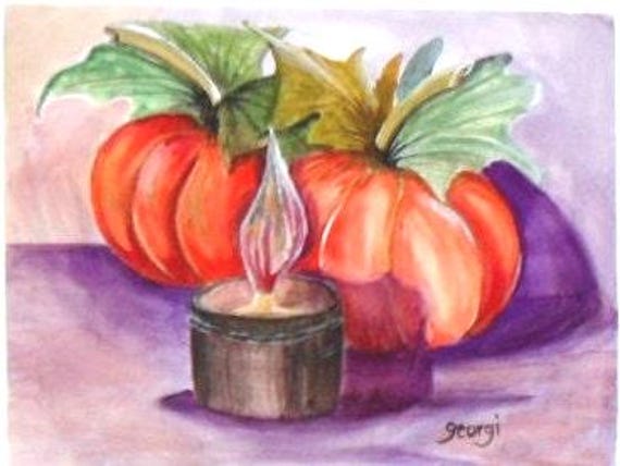 Still life art print, from pumpkin watercolor painting, folk art, over all size 16x20 inch, rustic wall decor, Holiday gift #51A