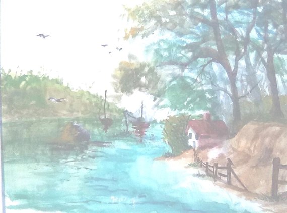 Waterfront Ocean Painting Print, Scenic landscape Painting, House be the Sea, Decor, #229