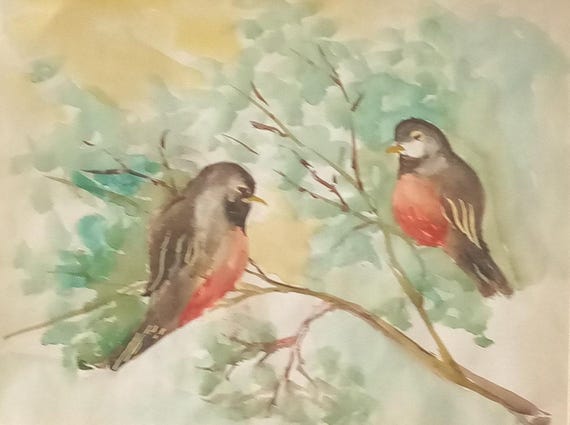 Red Breasted Birds Watercolor Painting  Art Print  Painting in Watercolor  Holiday Gift  #246