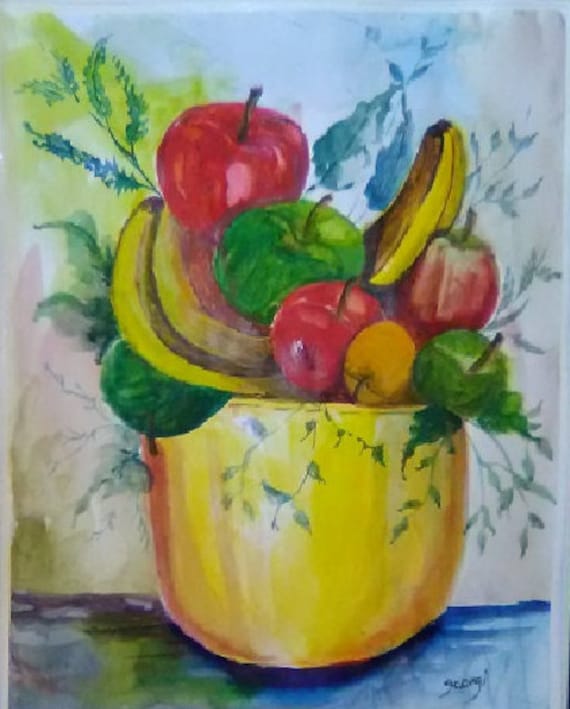 Banana's in Yellow Bowl  Apples in Bowl watercolor painting Print, Bedroom Wall Art  apples art, banana wall art,16x20inch  Matted  #172