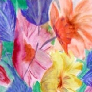 May include: A watercolor painting of a bouquet of flowers in shades of blue, pink, yellow, orange, and red. The flowers are arranged in a loose, organic style, and the background is a soft green.
