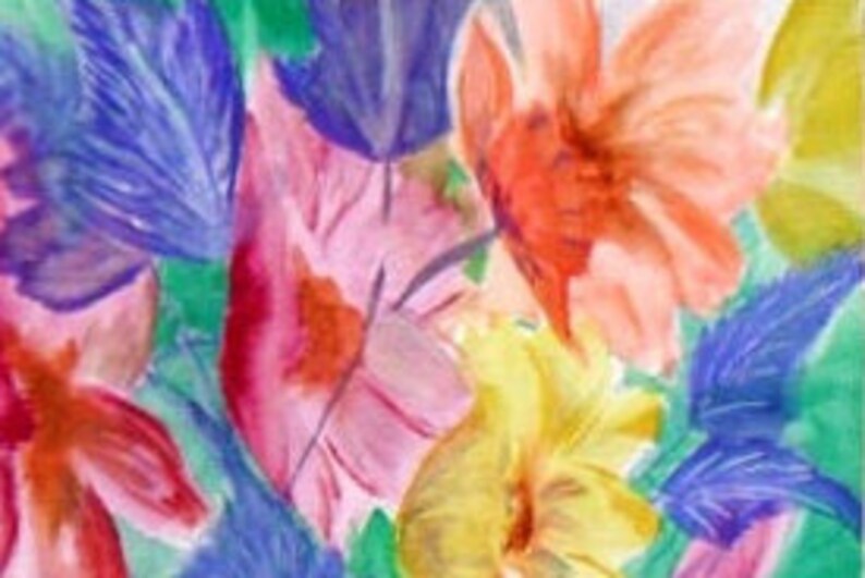 May include: A watercolor painting of a bouquet of flowers in shades of blue, pink, yellow, orange, and red. The flowers are arranged in a loose, organic style, and the background is a soft green.
