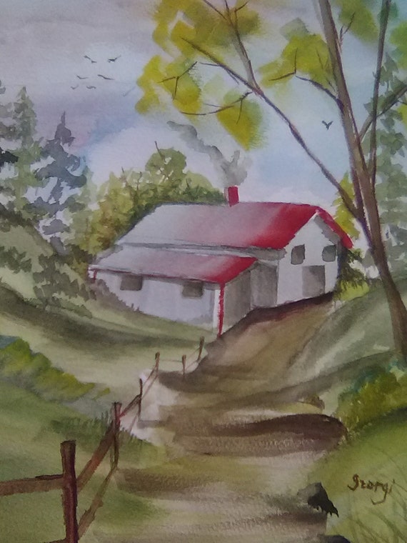 Red Roof House on a Country Lane, Gift, Country Landscape, Gift for Mom, Watercolor Art Print, Home Office Wall Decor #193