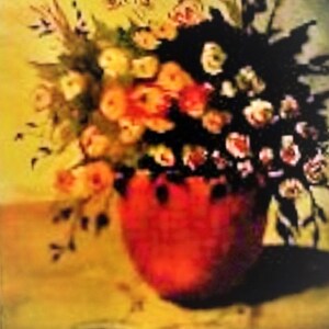 May include: A painting of a bouquet of flowers in a red vase. The flowers are mostly white and yellow, with some red and pink flowers mixed in. The background is a yellow-brown color.