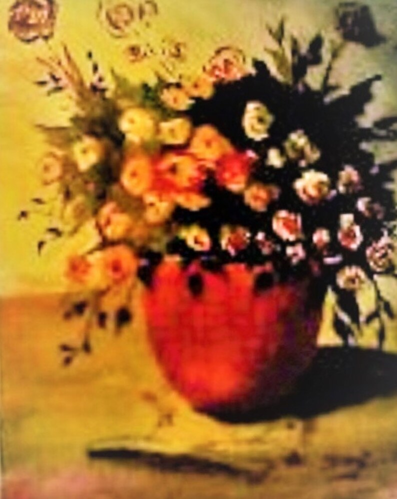 May include: A painting of a bouquet of flowers in a red vase. The flowers are mostly white and yellow, with some red and pink flowers mixed in. The background is a yellow-brown color.
