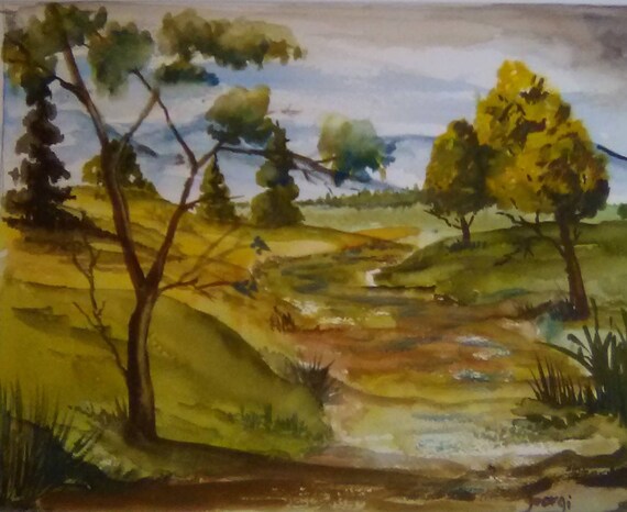 Scenic Nature Original Watercoler Landscape Painting Print, 11x14 Print, With16x20  Mat,,Home Decor, Gift# 077