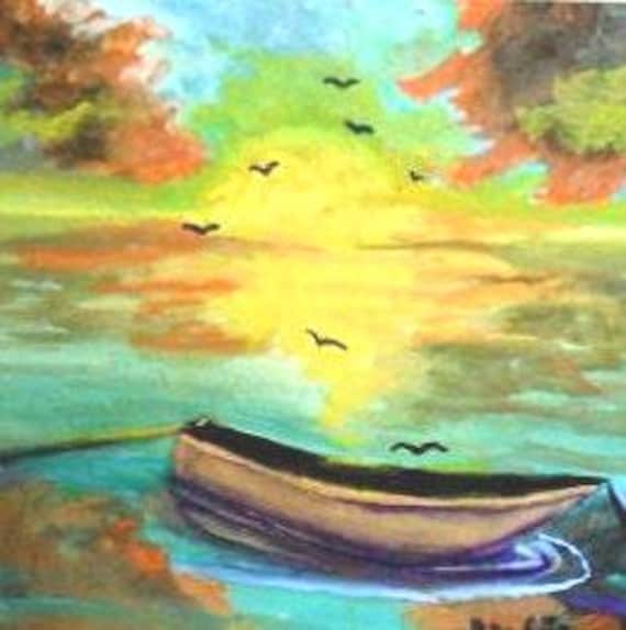 Rustic Wall Art, Boat Watercolor Original Painting Print, Family Room Art, Home decor,Landscape Art, Housewarming  Boys Gift ,   #02