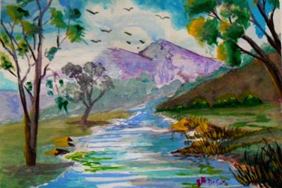 Mountain stream, watercolor painting, rustic wall art, landscape art, river paintings, art posters, unique wall art, wall pictures#31