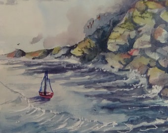 Memorial Day Art, Rustic wall decor, 11x14in Artwork Print, sail boat in ocean, Watercolor Original Art Print, Gift,  Colorful Painting #209