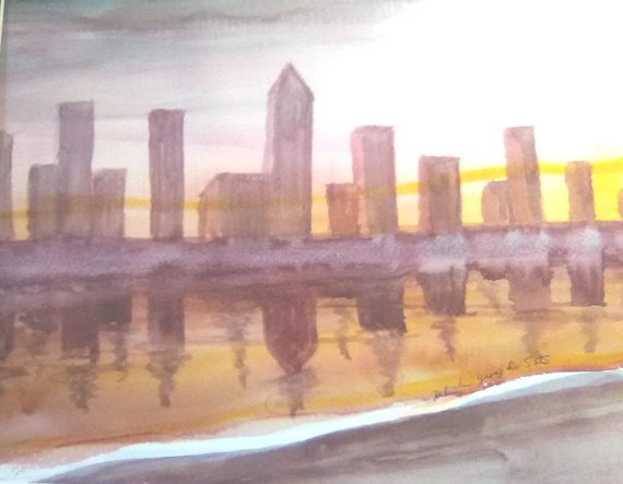 Cityscape  Watercolor Original Painting Print, Family Room Art, Home decor,Landscape Art, Housewarming  Boys Gift , #214A