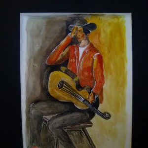 May include: A watercolor painting of a person wearing a red jacket and a hat, sitting on a stool and playing a guitar. The background is a yellow and brown wash.