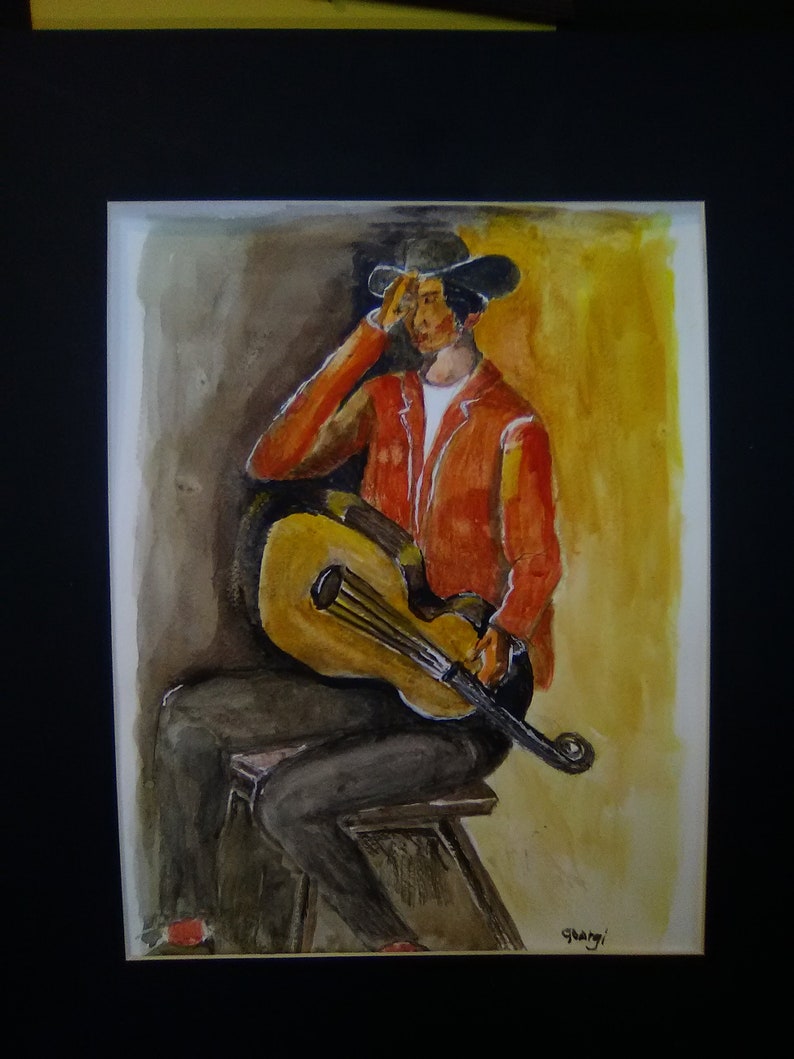 May include: A watercolor painting of a person wearing a red jacket and a hat, sitting on a stool and playing a guitar. The background is a yellow and brown wash.