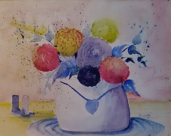 floral painting white vase, watercolor original painting,, artwork print, reddish flowers, Wall Decor, gift for Mom #232