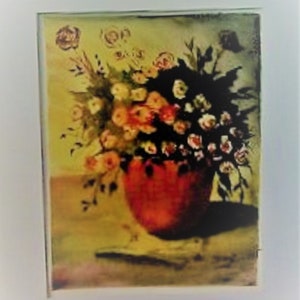 May include: A painting of a bouquet of flowers in a red vase. The flowers are mostly white and yellow with some pink and orange accents. The background is a muted yellow.