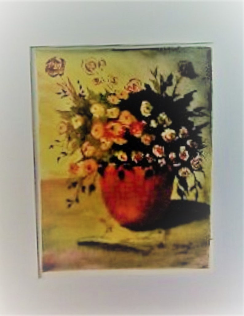 May include: A painting of a bouquet of flowers in a red vase. The flowers are mostly white and yellow with some pink and orange accents. The background is a muted yellow.