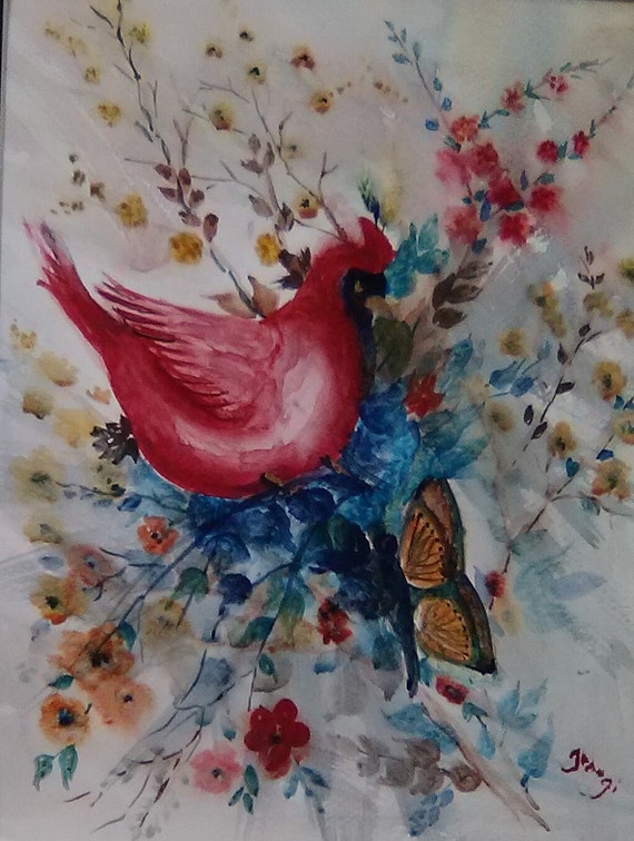 Red Bird Painting, Butterflies Painting Print, , Butterfly Cardinal birds Painting, Bird Watercolor Painting Redbird living room painting