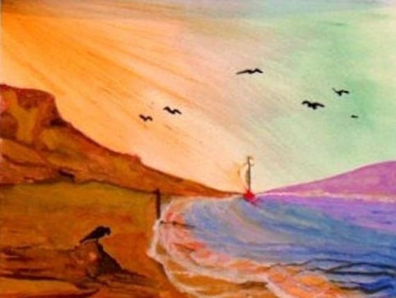 Watercolor painting of a sunset,   bird on a beach painting,  Landscape art print, wall decor, ocean View. gift,#37