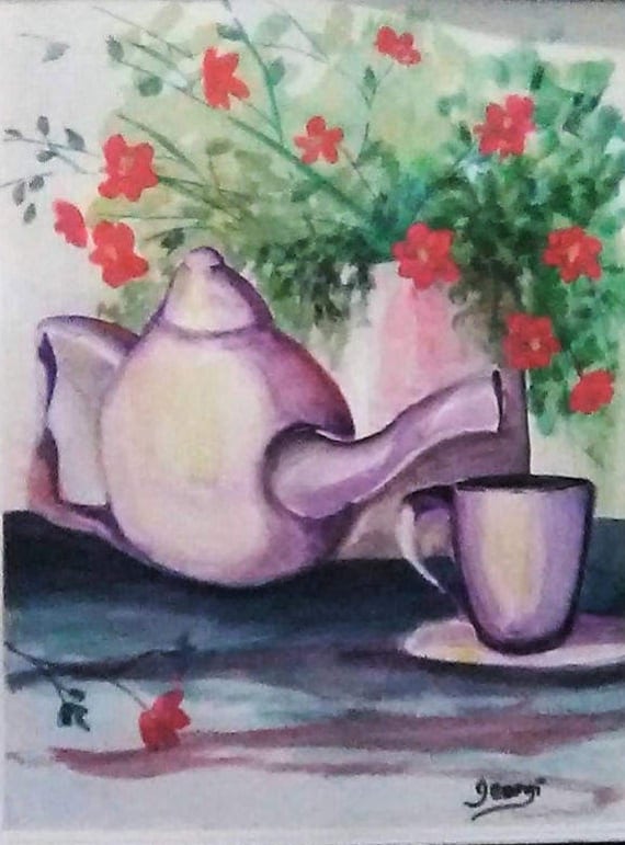 White Tea pot and Vase W Red Flowers,Tea pot wall art, cool posters, coffee cup home decor, art prints,Tea pot art, watercolor wall art #60