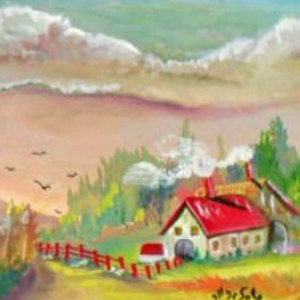 Gift for Mom Red Farmhouse,Watercolor Painting print, landscape painting, folk art, wall prints, living room art, wall pictures, gifts #4B