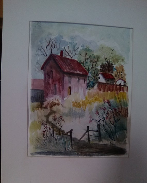 Watercolor Original Painting, Farm House Art Print, Colorful Grasses Painting, Fence with Bird Painting #237