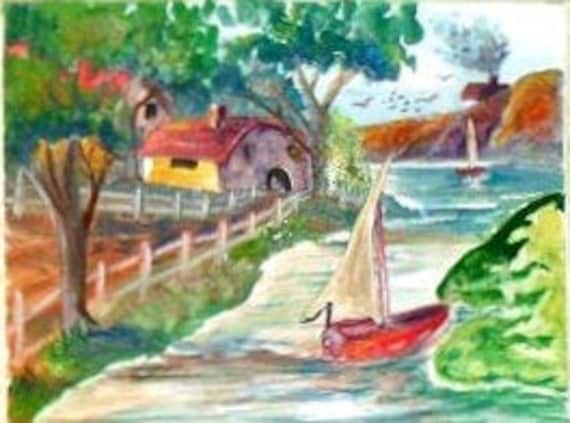 Red Sail Boat Landscape Watercolor Painting Print, River Painting, House and Fance Painting, Gift for Child, Home or office decor#008