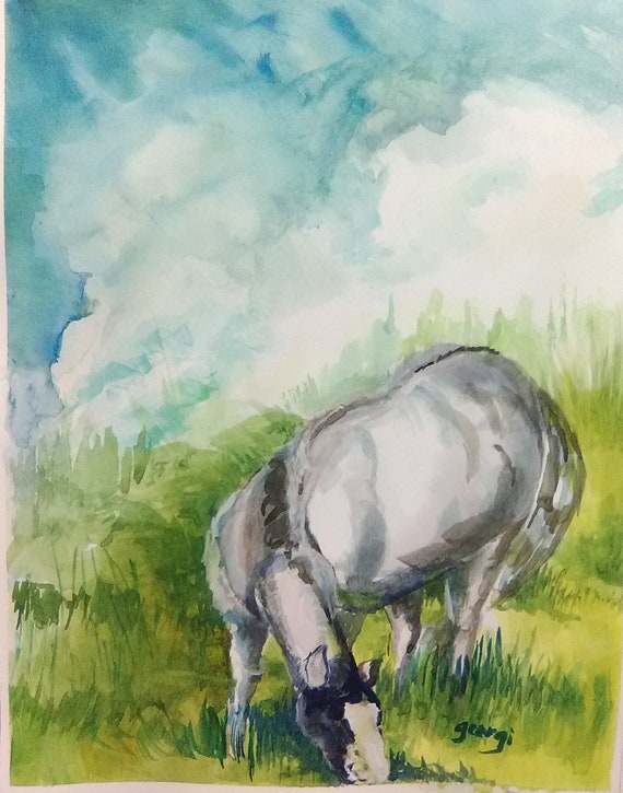 Grazeing Horse, Horse Watercolor Original Painting Print, Painting of a Horse, Landscape Horse Painting House warming Gift, #197