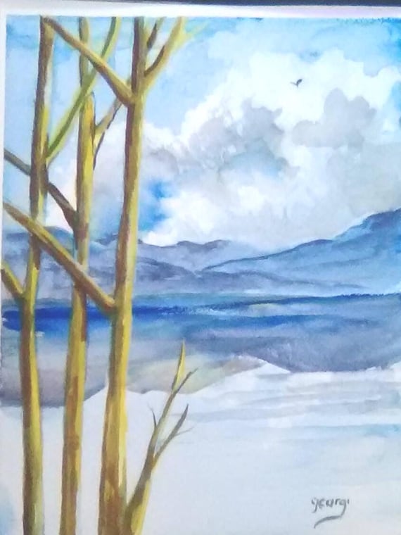 Landscape Autumn Painting, Watercolor Landscape Painting,  art Print, Watercolor Watercolor Art Print, Blue Tree Painting, Holiday gift #169