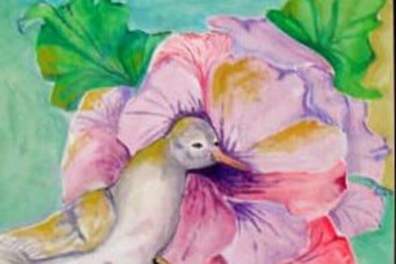May include: A watercolor painting of a bird perched on a large pink flower with purple and yellow accents. The bird is white with a gray head and a long beak. The flower has a green leaf behind it.
