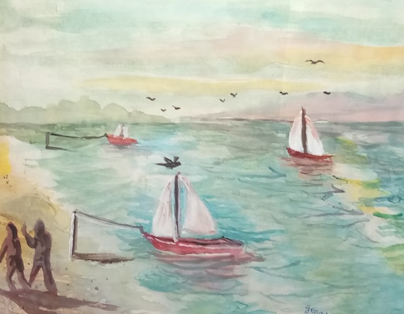 People 3 Sail Boats Watercolor Printed Artwork,Landscape Painting Print, Original Watercolor Picture, Wall Art, Home Decor, Gift, #260