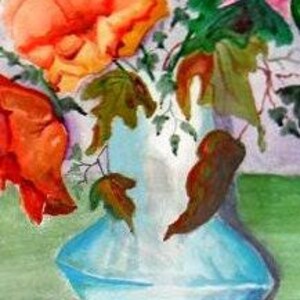 May include: A watercolor painting depicting a light blue glass vase filled with vibrant orange and red flowers, accompanied by green and brown autumn leaves. The composition features soft brushstrokes and a blend of warm and cool color tones.