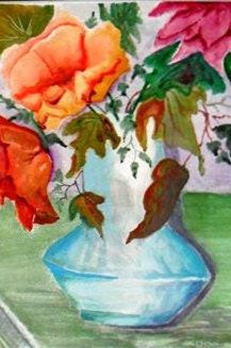May include: A watercolor painting depicting a light blue glass vase filled with vibrant orange and red flowers, accompanied by green and brown autumn leaves. The composition features soft brushstrokes and a blend of warm and cool color tones.