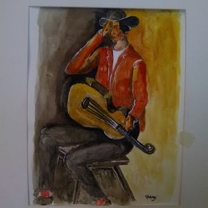 May include: A watercolor painting of a person wearing a black hat and a red jacket, sitting on a stool and playing a guitar. The background is a yellow and brown wash.