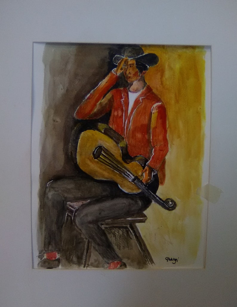 May include: A watercolor painting of a person wearing a black hat and a red jacket, sitting on a stool and playing a guitar. The background is a yellow and brown wash.
