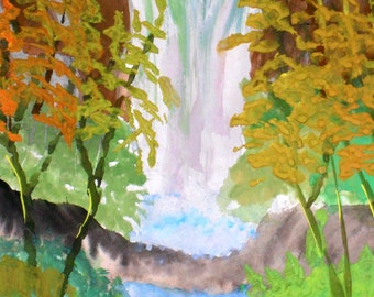 Colorful Spingtime Waterfall Original Painting Print, Summer Golden Yellow Trees,  Green Tree ,Gift for Housewarming, Labor Day Gift  # 005