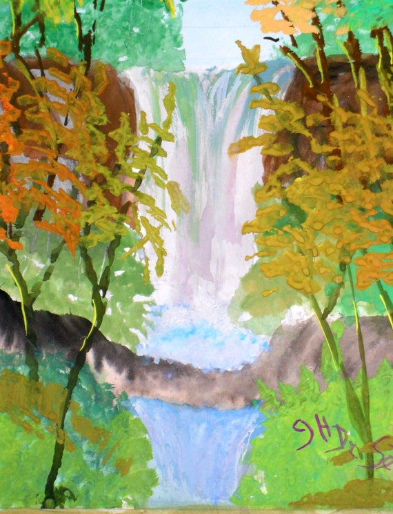 Colorful Spingtime Waterfall Original Painting Print, Summer Golden Yellow Trees,  Green Tree ,Gift for Housewarming, Labor Day Gift  # 005