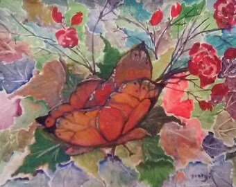 May include: A watercolor painting of a butterfly with orange and brown wings, surrounded by red flowers and green leaves.