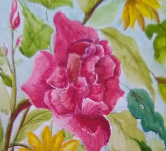 Summer Garden, Watercolor Original Painting Print, Garden Wall Art, Watercolor Painting, Folk Art, Floral Art, Flower Wall Decor, Gift#174