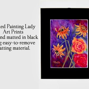 May include: A watercolor painting of a bouquet of orange and red flowers on a purple background. The painting is signed "J.L.S." in the bottom left corner.