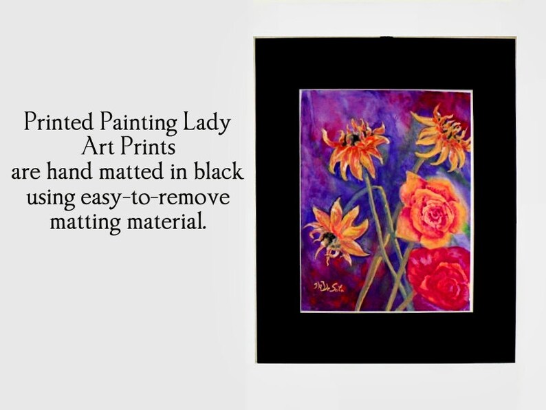 May include: A watercolor painting of a bouquet of orange and red flowers on a purple background. The painting is signed "J.L.S." in the bottom left corner.
