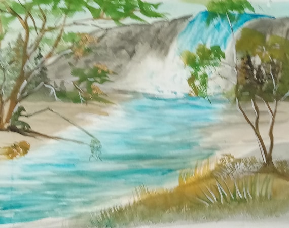 Fisherman/Waterfall Watercolor Painting Print, Original Art Work Print, Art Print  Original Painting Print  Holiday Gift #244