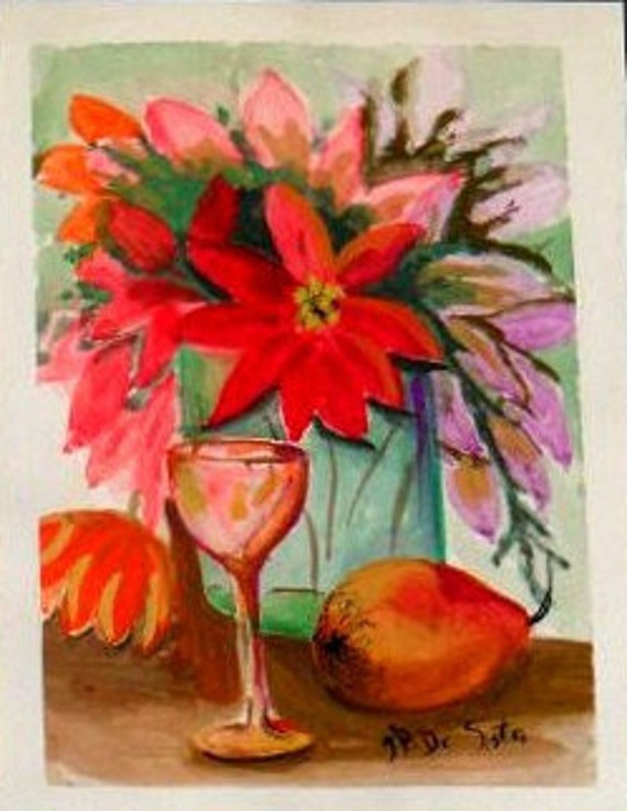 Peaches, Pinsetters in a Vase, Red Floral Watercolor Artwork Print, Original Art, Gift # 78