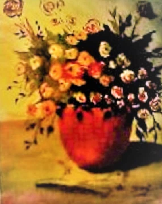 Bouquet Red,Yellow Flowers, Red Flower Pot, Modern Wall Art, Water Color Painting  Print,,Valentine Day Gift, Red Room Art Work #186