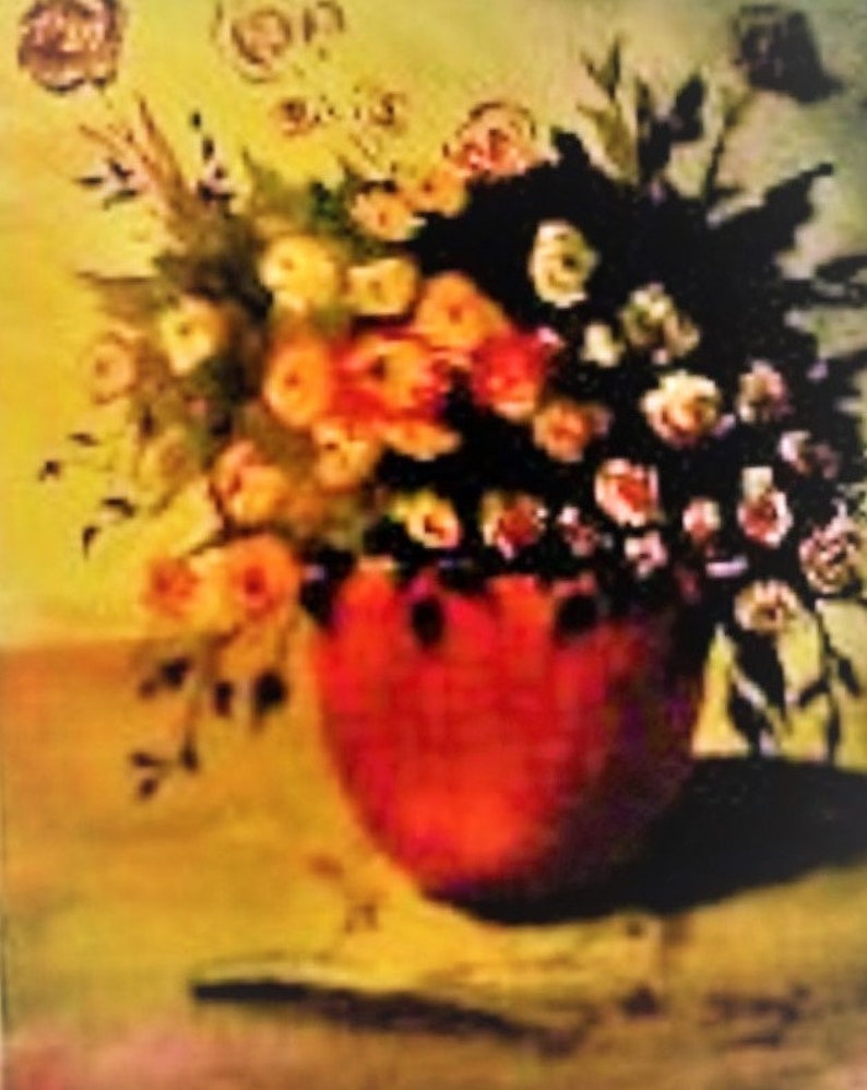 May include: A painting of a bouquet of flowers in a red vase. The flowers are mostly white and yellow, with some red and pink flowers mixed in. The background is a yellow-brown color.