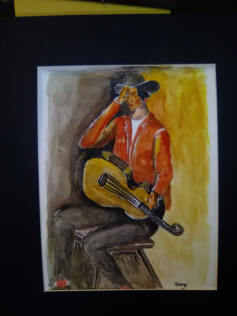 May include: A watercolor painting of a person wearing a red jacket and a black hat, sitting on a stool and playing a guitar. The background is a yellow and brown gradient.