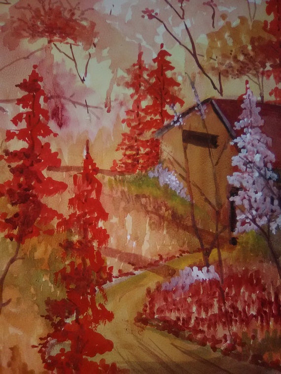 Autumn Red Forest, Watercolor landscape Painting Print, of Original Painting, Holiday Gift, Kitchen Wall Art,#181