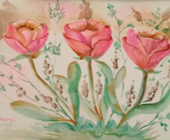 Red flowers in the field Bedroom Wall Art, Red, Floral Watercolor Picture, Wall Art Print, Home Décor # 251