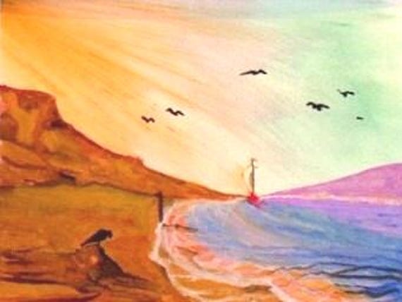 Watercolor painting of a sunset,   bird on a beach painting,  Landscape art print, wall decor, ocean View. gift,#37