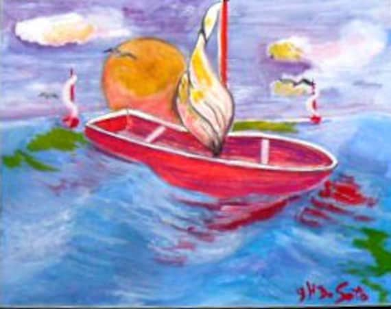 Sailboat painting, bathroom wall art, sunset picture, wall pictures, red sailboat, watercolor painting, ocean waves, nautical decor #47