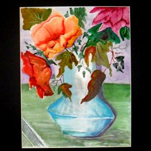 May include: A watercolor painting depicting a light blue vase filled with vibrant orange and red flowers, accompanied by green and brown leaves. The composition is set against a light purple background with a green surface in the foreground.